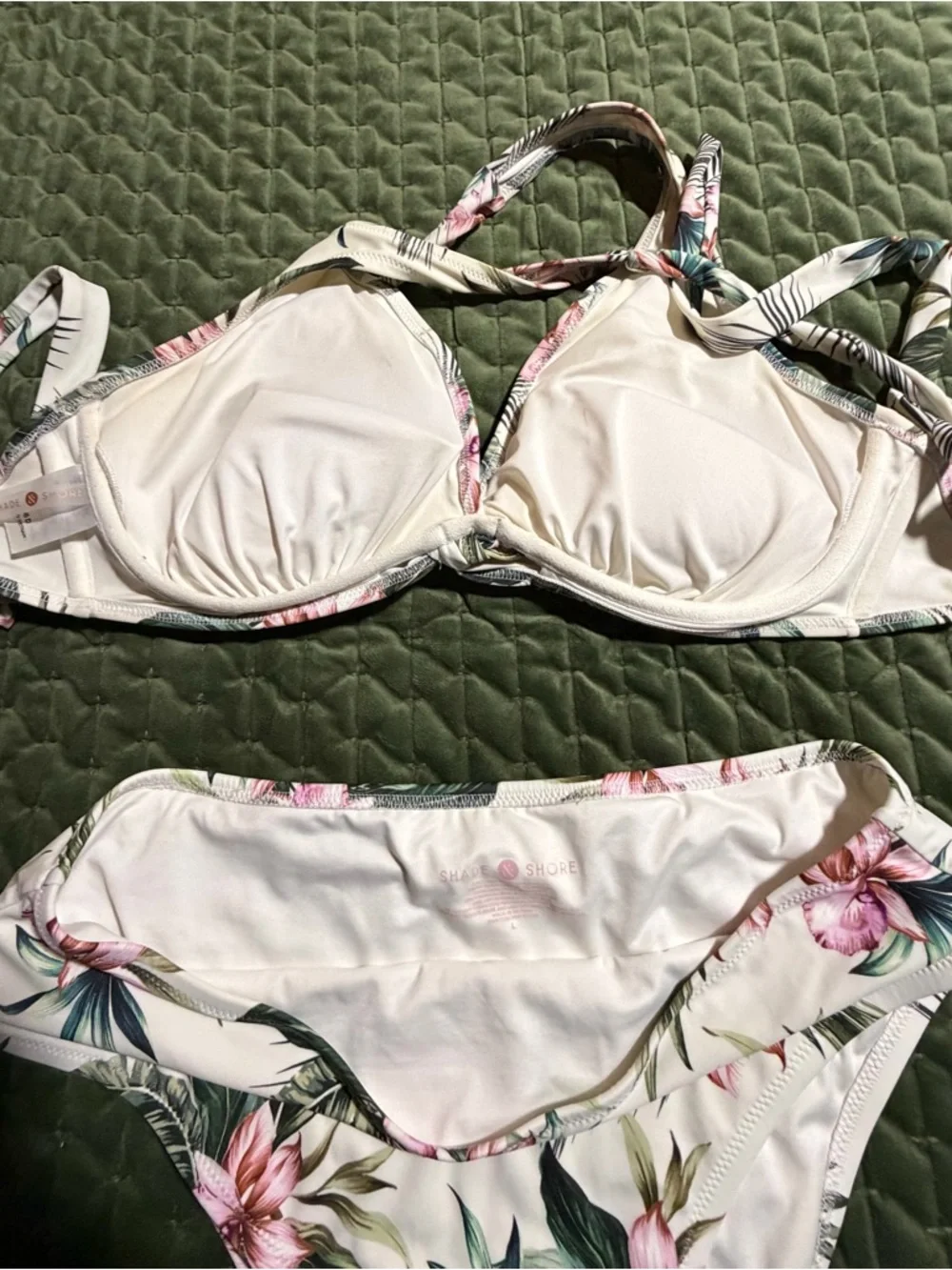 Shade & Shore floral high-waist bikini set white pink size 36D bottom size large